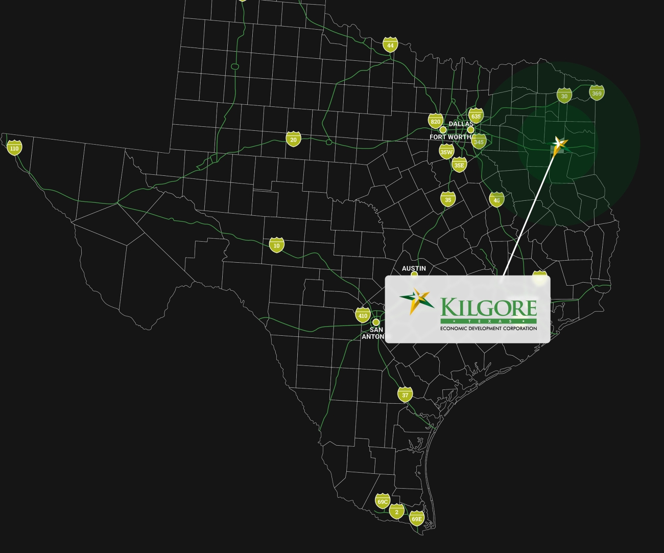 texas map highlighting Kilgore, TX