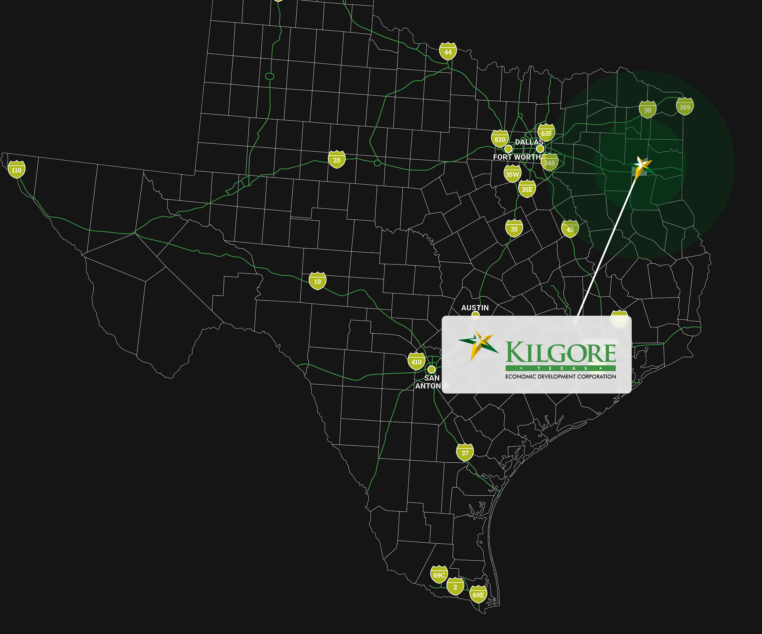 texas map highlighting Kilgore, TX