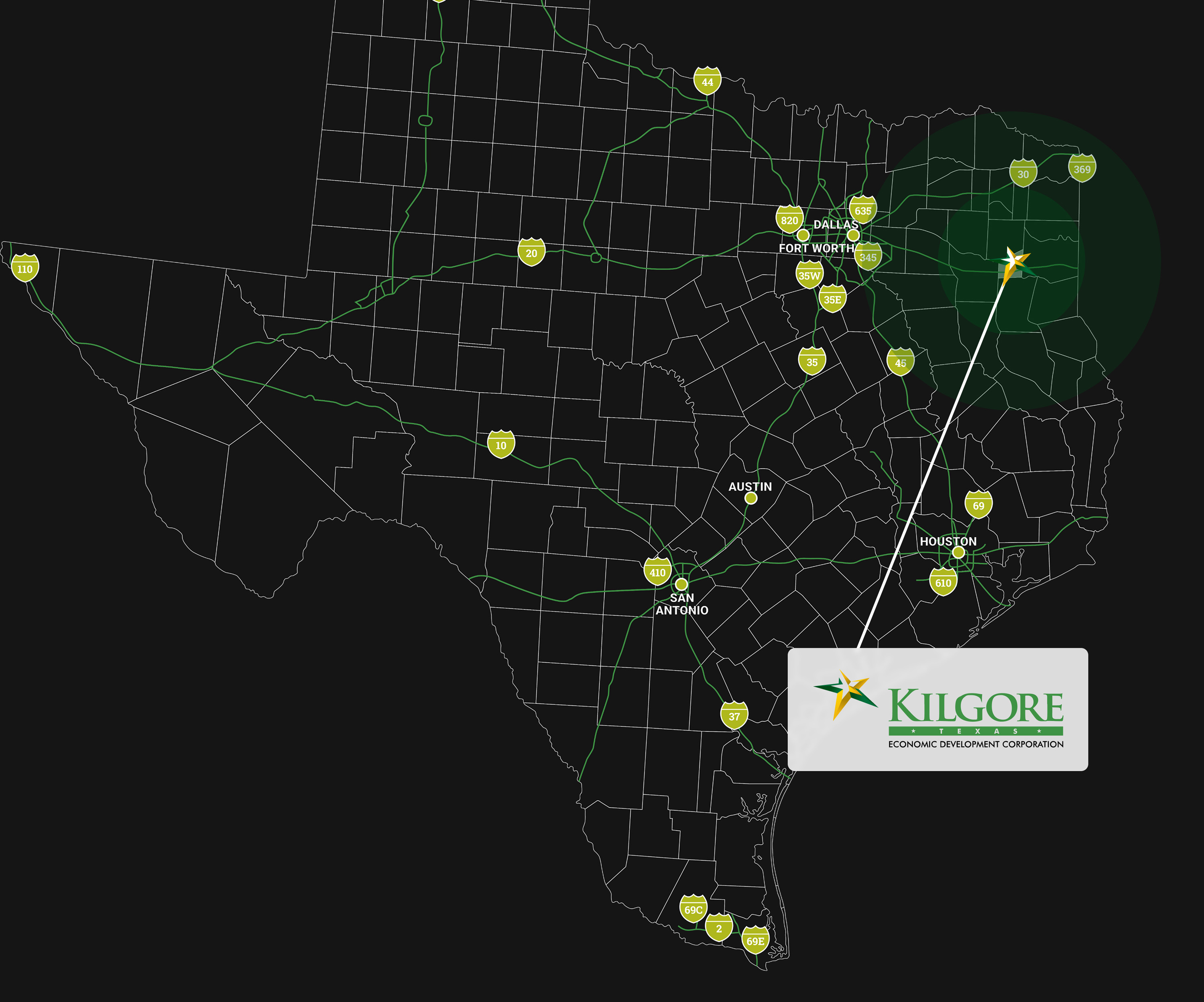 texas map highlighting Kilgore, TX